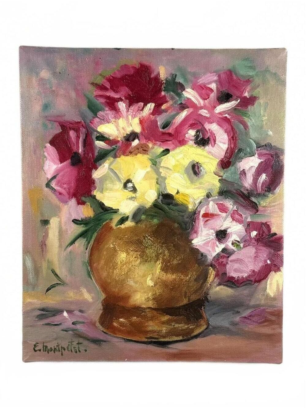 Vintage Oil Painting Still Life Impressionist Floral Bouquet Edouard Montpetit